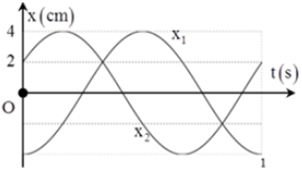 Một chất điểm thực hiện đồng thời hai dao động điều hoà cùng phương, với li độ x1 và x2 có đồ thị như hình vẽ. Lấy π2 =10. Vận tốc của chất điểm tại thời