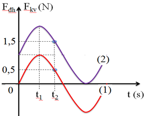 Một con lắc lò xo treo thẳng đứng, đang dao động điều hòa. Đồ thị bên biểu diễn lực hồi phục và lực đàn hồi tác dụng vào vật theo thời gian.  Lấyg = 10
