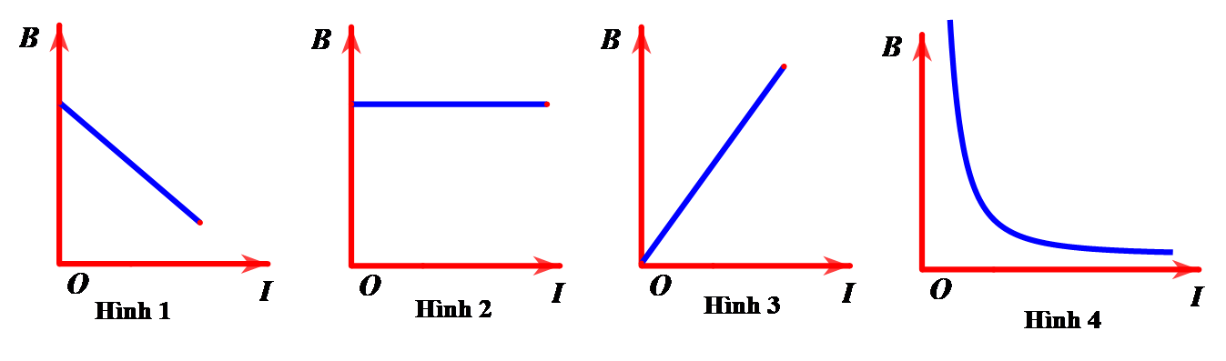 Một dây dẫn thẳng dài mang dòng điện có cường độ I thay đổi. Xét tại điểm M cách dây dẫn một đoạn r không đổi thì đồ thị của cảm ứng từ B phụ thuộc vào