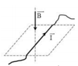 Một đoạn dây dẫn có dòng điện I nằm ngang đặt trong từ trường có đường sức từ thẳng đứng từ trên xuống như hình vẽ. Lực từ tác dụng lên đoạn dây dẫn có
