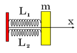 Một hệ gồm 2 lò xo L1, L2 có độ cứng k1= 60N/m, k2 = 40N/m một đầu gắn cố định, đầu còn lại gắn vào vật m có thể dao động điều hoà theo phương ngang như