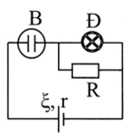 Một mạch điện như hình vẽ. R=12Ω, Đ:6V-9W; bình điện phân CuSO4 có anot bằng Cu; ξ=9V, r=0,5Ω. Đèn sáng bình thường, khối lượng Cu bám vào catot mỗi phút