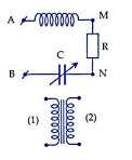 Một máy biến áp lí tưởng gồm hai cuộn dây (1) và cuộn dây (2) như hình vẽ. Cuộn dây (1) có số vòng dây là N1 = 2200 vòng dây. Một đoạn mạch AB gồm điện