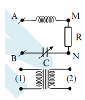 Một máy biến áp lí tưởng gồm hai cuộn dây (1) và cuộn dây (2) như hình vẽ. Cuộn dây (1) có 2200 vòng dây. Một đoạn mạch AB gồm điện trở thuần R = 100 Ω,