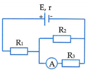 Nguồn điện có suất điện động E = 12 V, điện trở trong r, nối với mạch ngoài như hình vẽ bên. Biết R1=6Ω, R2=R3=10Ω. Bỏ qua điện trở của ampe kế và dây