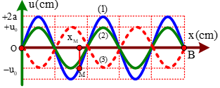 Sóng dừng hình thành trên một sợi dây đàn hồi OB, với đầu phản xạ B cố định và tốc độ lan truyền v = 400 cm/s. Hình ảnh sóng dừng như hình vẽ. Sóng tới