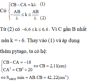 Đáp án A

Vì AB không đổi nên để diện tích HCN ABCD min thì BC phải min, tức là C phải là cực đại gần B nhất. Có λ = 3 cm.