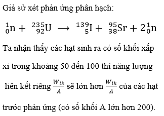 Vì trong quá trình phân hạch, hạt nhân bị phân hạch sẽ vở ra và tạo thành hai hạt nhân có số khối trung bình đồng thời tỏa năng lượng, nên năng lượng liên kết riêng Wlk /A sau (có số khối vào cỡ 100) sẽ lớn hơn năng lượng liên kết riêng Wlk /A trước. Do vậy muốn xảy ra loại phản ứng này thì hạt nhân tham gia phản ứng phải có số nuclon lớn hơn hoặc bằng 200.