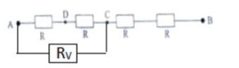 Lời giải:

Khi vôn kế mắc vào A và C,  \[{U_{CB}} = 132 - 44 = 88V\]

\[I = \frac{{{U_{CB}}}}{{2R}} = \frac{{44}}{R}\]

\[{R_{AC}} = \frac{{{U_{AC}}}}{I} = R = \frac{{2R.{R_V}}}{{2R + {R_V}}} \Rightarrow {R_V} = 2R\]

Khi vôn kế mắc vào A và D,  \[{R_{AD}} = \frac{{R.{R_V}}}{{R + {R_V}}} = \frac{{R.2R}}{{R + 2R}} = \frac{{2R}}{3}\]

\[{R_{AB}} = \frac{{11R}}{3} \Rightarrow I = \frac{{{U_{AB}}}}{{{R_{AB}}}} = \frac{{36}}{R}\]\[ \Rightarrow {R_{AD}} = I.{R_{AD}} = 24V\]