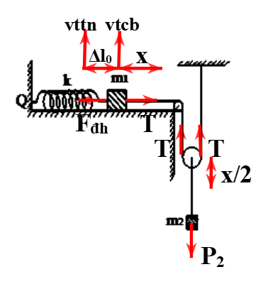 Tại vtcb thì   \({m_2}g = 2T = 2k\Delta {l_0} \Rightarrow \Delta {l_0} = \frac{{{m_2}g}}{{2k}} = \frac{{0,4.10}}{{2.40}} = 0,05m = 5cm = A\)

Khi vật m­1 có li độ x thì  \[\left\{ \begin{array}{l}T