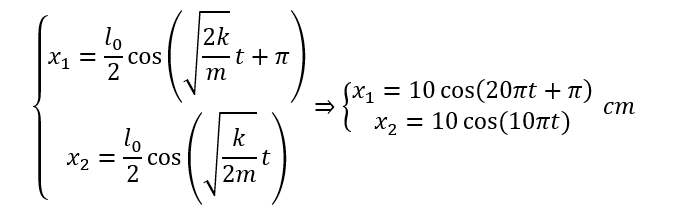 ệ trục tọa độ như hình vẽ.

Phương trình dao động của các con lắc

Dễ thấy rằng, hai vật dao động với cùng biên độ,

   ⇒  hai vật sẽ gặp nhau tại vị trí

Tốc độ của hai vật trước va chạm

Vận tốc của hai vật sau va chạm

Sau va chạm, hai vật dao động điều hòa quanh vị trí lò xo không biến dạng với tốc độ góc

Tốc độ dao động cực đại của hai vật sau va chạm