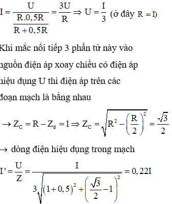 Khi mắc song song 3 phần tử này với nhau  vào điện áp không đổi U khi đó cuộn  cảm đóng vai trò là điện trở thuần r = 0,5 R  tụ điện không cho dòng đi qua