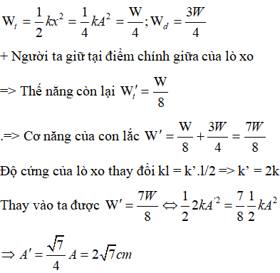 Chu kì dao động của con lắc lò xo

Biên độ dao động của con lắc lò xo A = 8 cm

Xét thời gian t = 7π/30s = T + T/6

Như vậy sau 7π/30s vật nặng đang ở vị trí có li độ x = 4 cm

 + Khi đó thế năng và động năng của con lắc lò xo