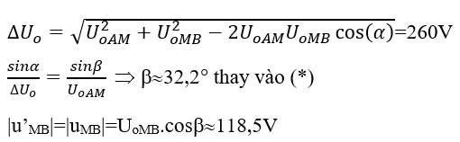 Từ đồ thị: T/2=3ô

Thời điểm bằng 0 và đang tăng của uAM trước uMB  D  t=2ô=T/3  à   lệch pha  a  =2 p  /3

Và UoAM=160V và UoMB=140V

Khi uAM chênh lệch với uMB một lượng lớn nhất thì  D  u= uAM - uMB đạt cực đại hoặc cực tiểu

Biểu diễn thành các vectơ quay ta có;

 

 

Khi  D  umin thì      song song và ngược chiều trục cos; Khi  D  umax thì      song song và cùng chiều trục cos (như hình vẽ).

Khi đó: |u’MB|=|uMB|=UoMB.cos b   (*)

Áp dụng định lí hàm cos và hàm sin cho tam giác:

  =260V

     Þ    b»  32,2 °   thay vào (*)

|u’MB|=|uMB|=UoMB.cos b»  118,5V