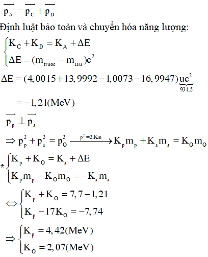 Hạt A (đạn) bắn vào hạt B đứng yên (bia) sinh ra hai hạt C và D thì áp dụng định luật bảo toàn động lượng: 