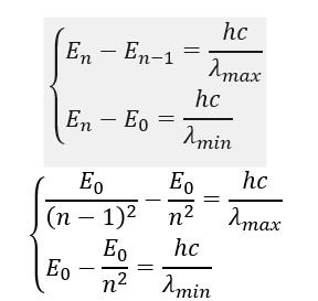 .

Bước sóng lớn nhất tướng ứng với electron chuyển từ quỹ đạo     n  về n-1  , bước sóng nhỏ nhất tương ứng với electron chuyển từ quỹ đạo      về trạng thái cơ bản

Ta có:

Lập tỉ số