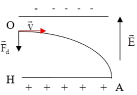 Vo = 5.104 km/s = 5.107 m/s.

Giả sử cường độ điện trường giữa hai bản kim loại có chiều hướng lên trên. Do hạt điện tích chuyển động là electron q < 0 nên lực điện trường tác dụng lên điện tích có chiều hướng xuống dưới. Bỏ qua tác dụng của lực cản và trọng lực nên chỉ còn lực điện trường tác dụng làm điện tích chuyển động.

Cường độ điện trường giữa hai bản kim loại:

Gia tốc của e:

Xét hệ trục Oxy: ốc tọa độ tại O, ốc thời gian vào lúc electron bắt đầu chuyển động.

+ Ox: Không có lực tác dụng theo phương Ox nên electron chuyển động đều theo phương này: HA = vox.t = vot

+ Oy:

 