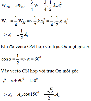 Hai dao động điều hòa cùng phương, cùng tần số nên có thể vẽ trên cùng một giản đồ vecto, mặt khác khoảng cách lớn nhất theo phương Ox của là 10 cm

ở thời điểm mà M có động năng bằng 3 lần thế năng thì:

 