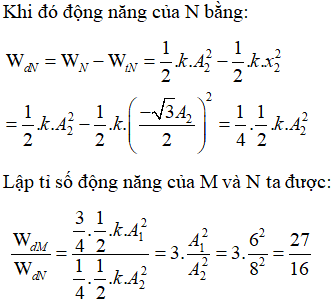 Hai dao động điều hòa cùng phương, cùng tần số nên có thể vẽ trên cùng một giản đồ vecto, mặt khác khoảng cách lớn nhất theo phương Ox của là 10 cm

ở thời điểm mà M có động năng bằng 3 lần thế năng thì:

 