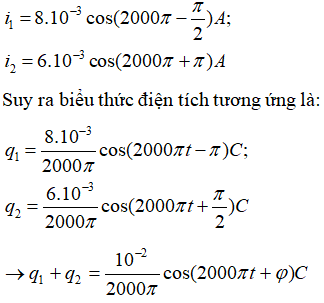 Phương pháp: Sử dụng kĩ năng đọc đồ thị

Cách giải:

Từ đồ thị suy ra phương trình dòng điện trong mỗi mạch là:

Tổng điện tích của hai tụ điện trong hai mạch ở cùng một thời điểm có giá trị lớn nhất bằng: