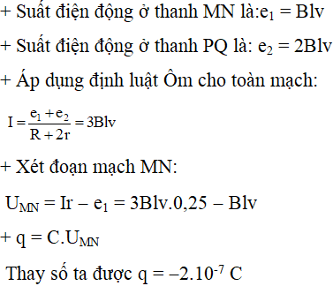 ü

+ Khi MN và PQ dịch chuyển thì MN và PQ đóng vai trò như 2 nguồn điện.

Áp dụng quy tắc bàn tay phải cho 2 thanh ta có cực dương ở đầu N và đầu P (như 2 nguồn mắc nối tiếp).