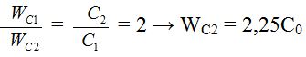 Điện dung của bộ tụ C = 2C0. Điện tích của bộ tụ Q0 = E.C = 6C0

 Năng lượng ban đầu của mạch 

Khi i = I0/2 thì 

Năng lượng của hai tụ khi đó 

Mặt khác khi hai tụ mắc nối tiếp 

Sau khi nối tắt tụ C1 năng lượng của mạch LC2 là: W = WL + WC2 = 4,5C0

Mặt khác