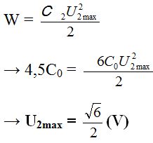 Điện dung của bộ tụ C = 2C0. Điện tích của bộ tụ Q0 = E.C = 6C0

 Năng lượng ban đầu của mạch 

Khi i = I0/2 thì 

Năng lượng của hai tụ khi đó 

Mặt khác khi hai tụ mắc nối tiếp 

Sau khi nối tắt tụ C1 năng lượng của mạch LC2 là: W = WL + WC2 = 4,5C0

Mặt khác