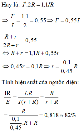 Phương pháp: Áp dụng định luật Ôm cho toàn mạch.

Cách giải:

 Gọi cường độ dòng điện khi điện trở ngoài bằng R là I và khi điện trở ngoài bằng 2R là I’.

Mặt khác, theo đề bài, khi điện trở mạch ngoài là 2R thì hiệu điện thế hai cực của nguồn điện tăng 10%  tức là U’ = 1,1U