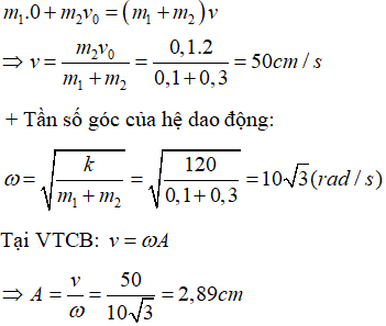 Phương pháp: Áp dụng định luật bảo toàn động lượng 

Cách giải:

   Gọi vận tốc của hệ ngay sau khi va chạm là v. Áp dụng định luật bảo toàn động lượng ta có: