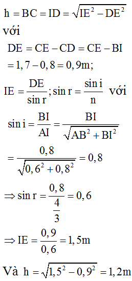 Gọi AB là phần cọc nhô lên mặt nước; BC là phần cọc ngập trong nước; BI là bóng của cọc trên mặt nước; CE là bóng của cọc dưới đáy bể.

- Chiều sâu của bể nước: