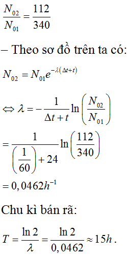 .

– Số hạt bị phân rã trong 1 phút ban đầu: 

– Số hạt bị phân rã trong 1 phút sau 24h: 

– Lấy (2)   chia (1)   vế theo vế ta được: