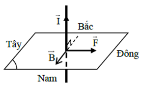 .

+ Áp dụng quy tắc bàn tay trái: “đặt bàn tay trái xòe rộng để cho các đường cảm ứng từ xuyên qua lòng bàn tay, chiều từ cổ tay đến ngón giữa trùng với chiều dòng điện, khi đó ngón cái choãi ra 90o chỉ chiều của lực từ tác dụng lên dòng điện”

+ Áp dụng cho bài này: đặt bàn tay trái thẳng đứng hướng từ dưới lên, xoay bàn tay sao cho lòng bàn tay hướng về phía Bắc, khi đó ngón cái choãi ra 90o, chỉ về phía Đông