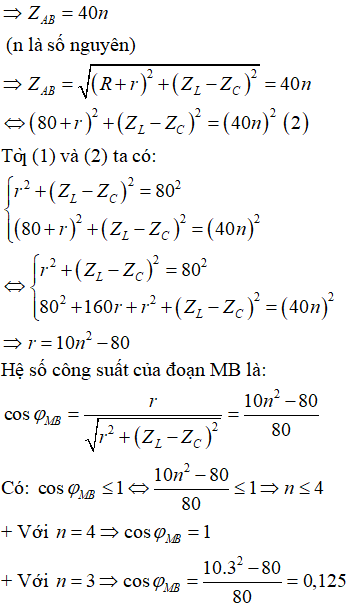 Phương pháp:Mạch điện xoay chiều có R thay đổi

Cách giải:

 Điều chỉnh R đến giá tri ̣ 80Ω thì công suất tiêu thụ trên biến trở cực đại

Khi đó tổng trở của đoạn mạch là số nguyên và chia hết cho 40 