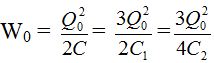 .

Gọi Q0 là điện tích cực đại trong mạch

Năng lượng ban đầu của mạch

Khi năng lượng cuộn cảm triệt tiêu 

  (2 tụ ghép nối tiếp)

Ta c ó:  và

Khi đóng khóa K thì năng lượng toàn phần của mạch W’0 = WC2 = 2W0/3