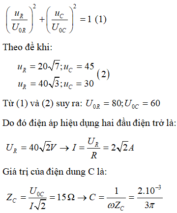 Mạch chỉ chứa R và C nên điện áp hai đầu R và C vuông pha với nhau. Suy ra: