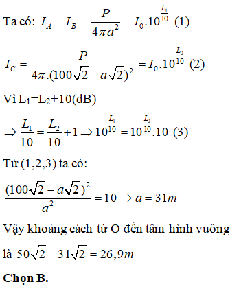 Phương pháp:

Khái niệm cường độ điện hiệu dụng được xây dựng dựa vào tác dụng nhiệt của dòng điện.

Cách giải: 

Giả sử nguồn âm đặt tại O, cách tâm hình vuông đoạn d

Hình vuông có chu vi 400m nên mỗi cạnh có chiều dài 100m

Vì có hai vị trí có cường độ âm lớn nhất và bằng nhau nên OA = OB và mức cường độ âm lớn nhất đo được tại A và B,  mức cường độ âm nhỏ nhất đo được tại C