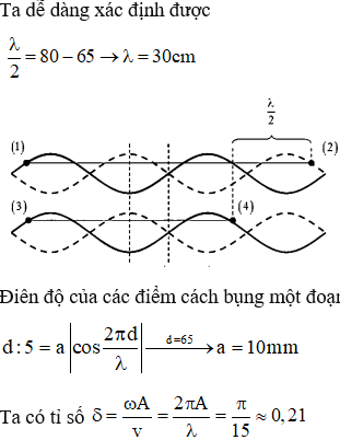 Ta  đ ể  ý đến giả thuyết của bài toán, hai đi ể m dao động cùng biên độ 5mm nhưng cùng pha nhau =>hai đi ể m này đ ố i xứng qua một bụng. Hai đi ể m khác cũng dao động v ớ i biên độ đúng b ằ ng 5  mm  nhưng lại cách xa nhau nhất mà không cùng pha vậy hai  điể m này phải ngược pha nhau

Từ hình vẽ (1) và (2) l à  hai  điể m dao đ ộ ng với cùng biên độ và cách xa nhau nh ấ t. (3) và (4) là hai đi ể m dao động cùng bi ê n độ và cùng pha, cũng cách xa nhau nh ấ t.