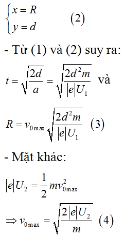 Gọi R là bán kính lớn nhất của vùng trên bề mặt catôt có electron đập vào. Ta có:

- Gia tốc của electron: 

- Theo phương Ox và Oy ta có phương trình:

- Khi electron vừa chạm anôt: