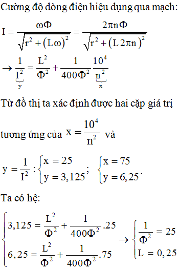 Khi tốc độ quay của động cơ là 1500 vòng/phút thì tần số của dòng điện là f = pn/60 = 50Hz

Khi đó, ta tính được ZL = 200Ω, ZC = 100Ω và R = 100Ω

Và ta tính được tổng trở của mạch   Z = 100√2Ω

Điện áp hiệu dụng hai đầu đoạn mạch khi đó là U = IZ = 100 V

 + Khi tốc độ quay của động cơ là n0 thì điện áp hiệu dụng hai đầu tụ điện đạt giá trị cực đại, tần số của dòng điện trong mạch khi đó là f0