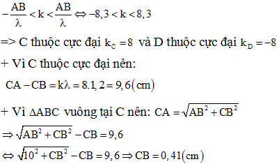 + Bước sóng:

 

+ Diện tích nhỏ nhất khi C và D gần AB nhất.

+ vậy C và D phải thuộc hai cực đại ngoài cùng của AB.

+ Số cực đại trên AB được xác định bởi:

+ vậy diện  tích hình chữ nhật ABCD nhỏ nhất là:

 

=> .