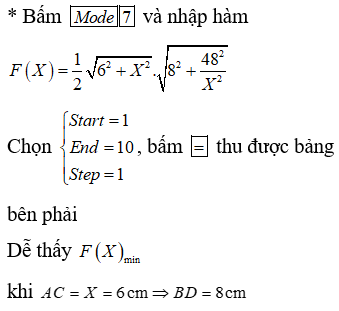 Bình luận:  Thay vì đạo hàm hay dùng bất đẳng thứcCô Si thì các em học sinh có thể dùng máy tính cầm tay để tìm giá trị nhỏ nhất rất nhanh chóng.

 

v   Như vậy   với cách làm này thì các em cũng có thể   tìm được   giá   trị   của                       để cho diện tích tam giác MCD nhỏ nhất.