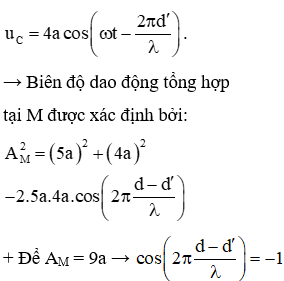  

+ Ta có sóng do hai nguồn AB gởi tới M luôn cùng pha → phương trình sóng tổng hợp AB đến M có dạng: 

+ Sóng do C gởi đến M: 