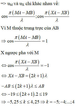 Phương pháp:  Phương trình giao thoa sóng trong giao thoa sóng hai nguồn cùng pha:

X là điểm dao động với biên độ cực đại và ngược pha với M.

 

Phương trình sóng tại X:

Vì X và M thuộc elip => M  + MB = X  + XB

=> Có 10 điểm dao động với biên độ cực đại và ngược pha với M trên đoạn  B

 => Trên elip có 20 điểm dao động với biên độ cực đại và ngược pha với M