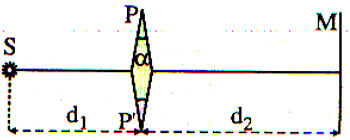 Trong thí nghiệm giao thoa như hình vẽ hai lăng kính P, P đều có góc chiết quang nhỏ và bằng  a  . Các khoảng cách từ nguồn và từ màn đến hệ hai thấu kính