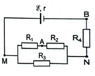 24.15 SBT Vật lí 11 trang 60.  Cho mạch điện có sơ đồ như Hình 24.2  Trong đó: E =1,2 V, R = 0,5 Ω, R1=R3=2  Ω, R2=R4=4 Ω  . Tính hiệu điện thế giữa hai