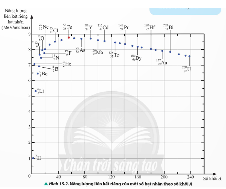 a) Dựa vào Bảng 15.1, tính năng lượng liên kết và năng lượng liên kết riêng của hạt nhân 2656Fe. Biết khối lượng của hạt nhân này là 55,934936 amu.

b)