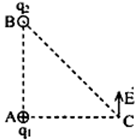 Ba điểm A, B, C trong không khí tạo thành tam giác vuông tại A. Biết AB = 4 cm; AC = 3 cm. Tại A đặt điện tích q1=2,7 nC,  tại B đặt điện tích  q2. Vecto