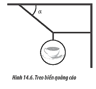 Biển quảng cáo của một quán cà phê được treo cân bằng nhờ một dây nằm ngang và dây còn lại hợp với trần một góc α như Hình 14.6.

a. Giữ cho một dây luôn