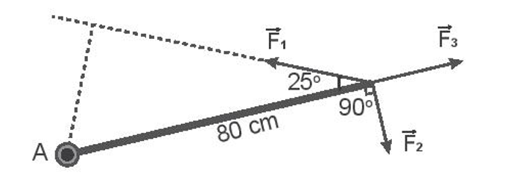 Biết F1 = 25 N, F2 = 10 N, F3 = 10 N. Moment của các lực trong Hình 21.1:  MF1;MF2;MF3  đối với trục quay lần lượt là