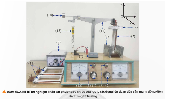 Bố trí thí nghiệm như Hình 10.2, thực hiện thí nghiệm theo các bước gợi ý để xác định phương, chiều của lực từ tác dụng lên đoạn dây dẫn mang dòng điện đặt trong từ trường.   (ảnh 1)